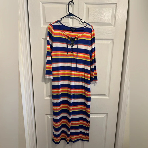BRAND NEW Lauren Ralph Lauren's slim-fitting  midi dress size XL blue coral NWT - Picture 5 of 15